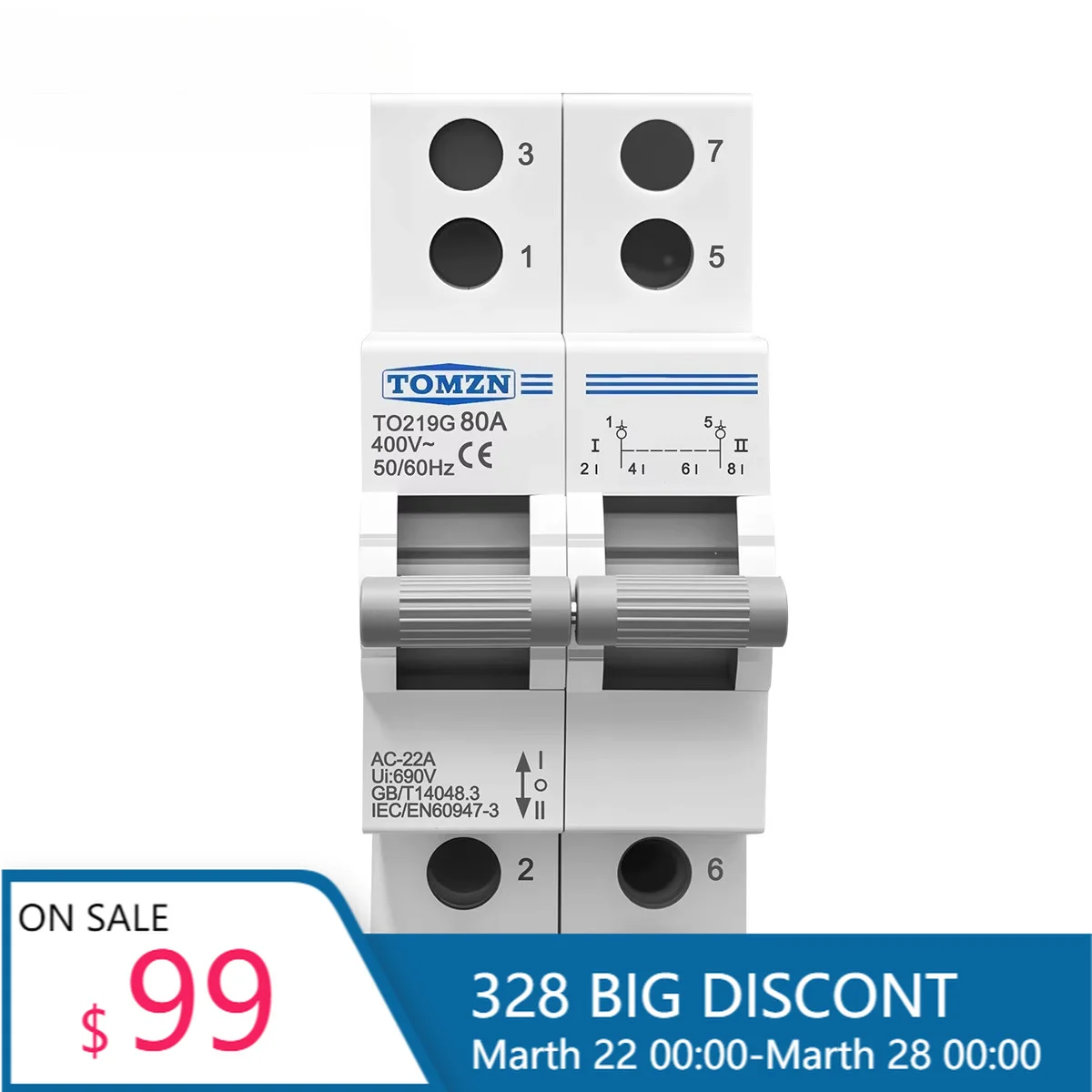 P TOMZN TO219G MTS Changeover Breaker, 400V 80A Disconnectable Dual Power Switch
