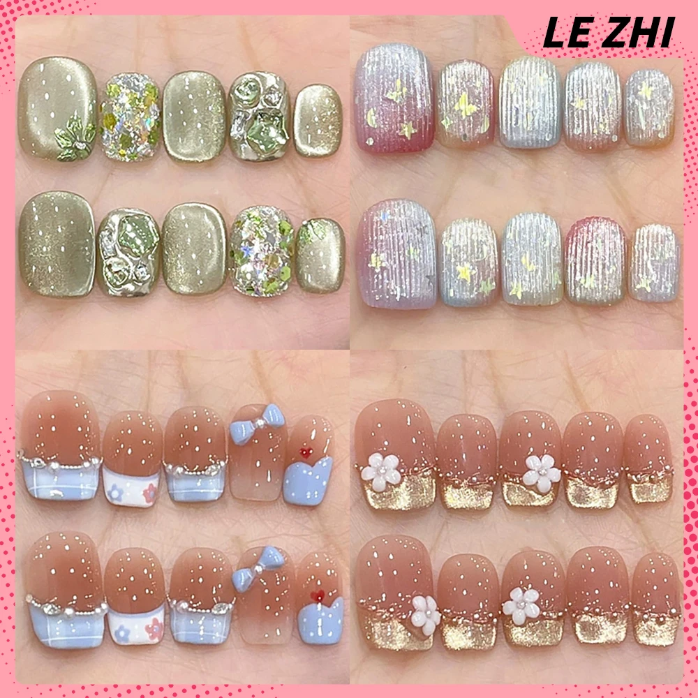 

10Pcs Luxury Dopamine Handmade Short Square Round Nails Party Sticker 3D Shining Diamond Cat Eyes Flowers Bow Press On Nails