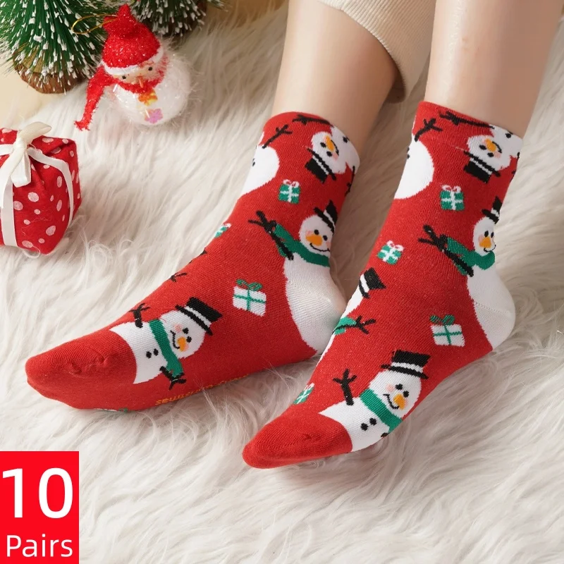 10 Pairs/Set Christmas Socks Cute Santa Snowman Reindeer Gingerbread Man Printed Mid-Calf Socks Xmas Holiday Gift Socks
