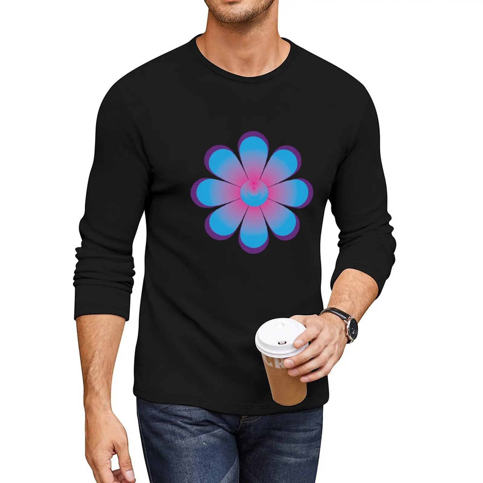 70s Style Large Hot Pink and Blue Daisy Flowers on a Deep Purple Background Long T-Shirt tees oversized t shirts for men