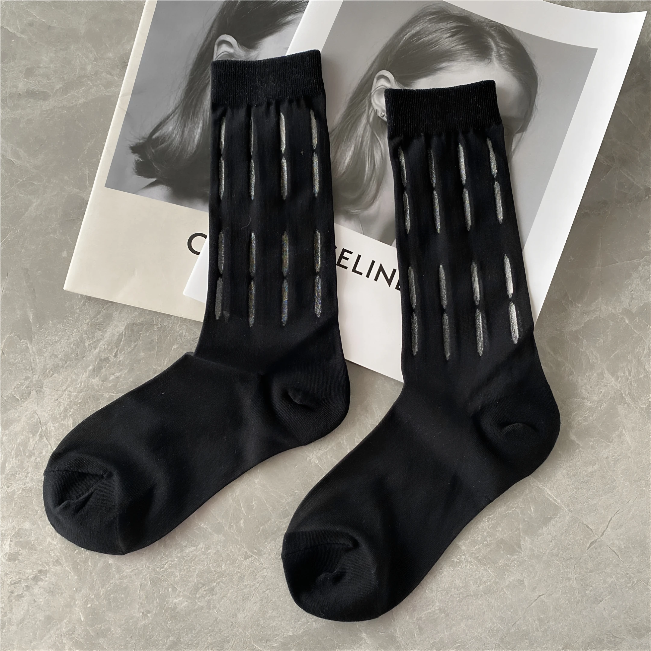 

Black Splicing Pure Color Mid-Calf Socks Spring Autumn New Style Fashionable Minimalist European Hole Design Trendy Leg Shaping