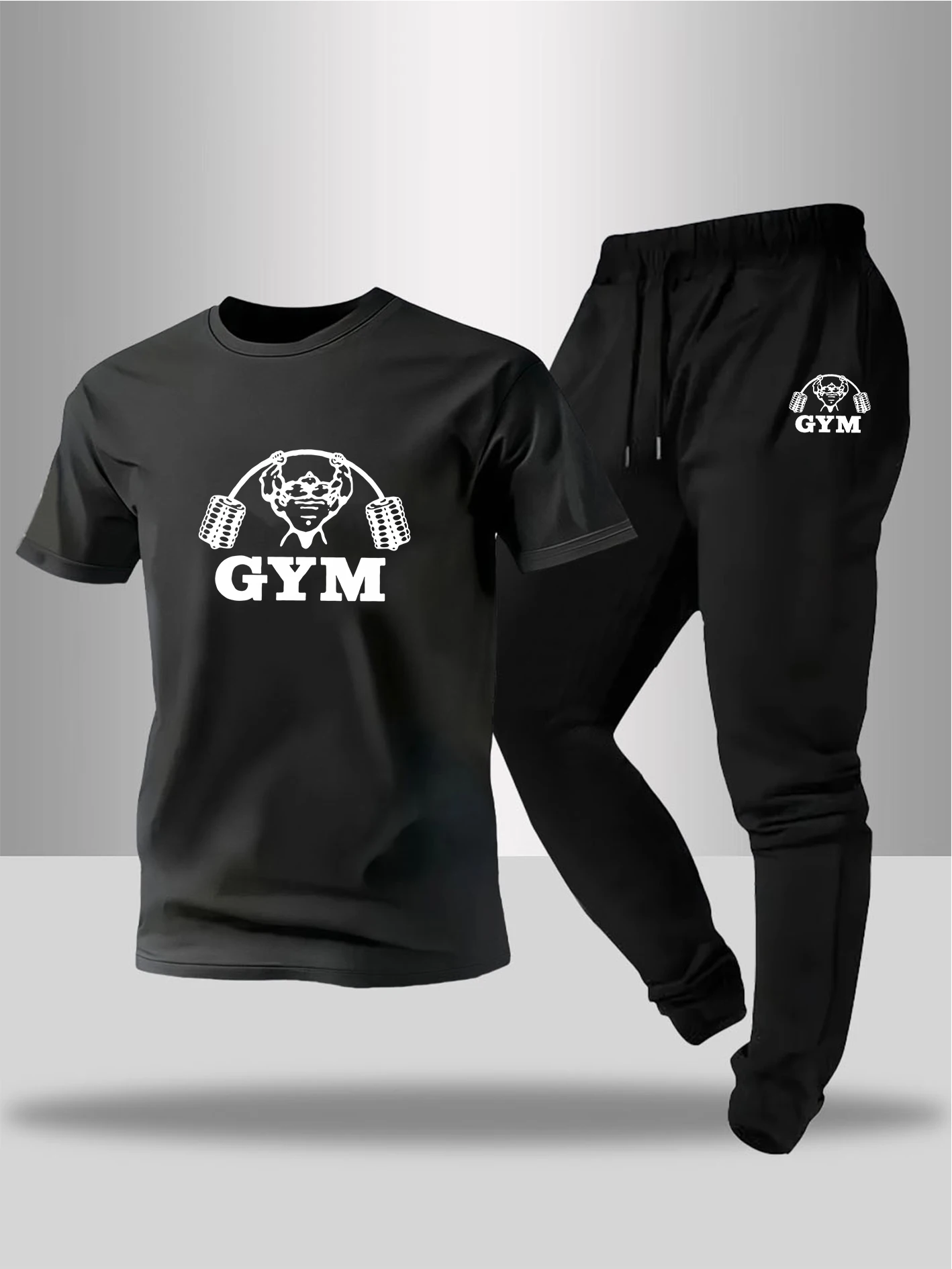Conjunto Deportivo Casual de 2 Piezas para Hombre, Camiseta de Manga Corta con Estampado Geométrico Degradado Rojo y Pantalones Jogger, Cintura Elástica, Transpirable