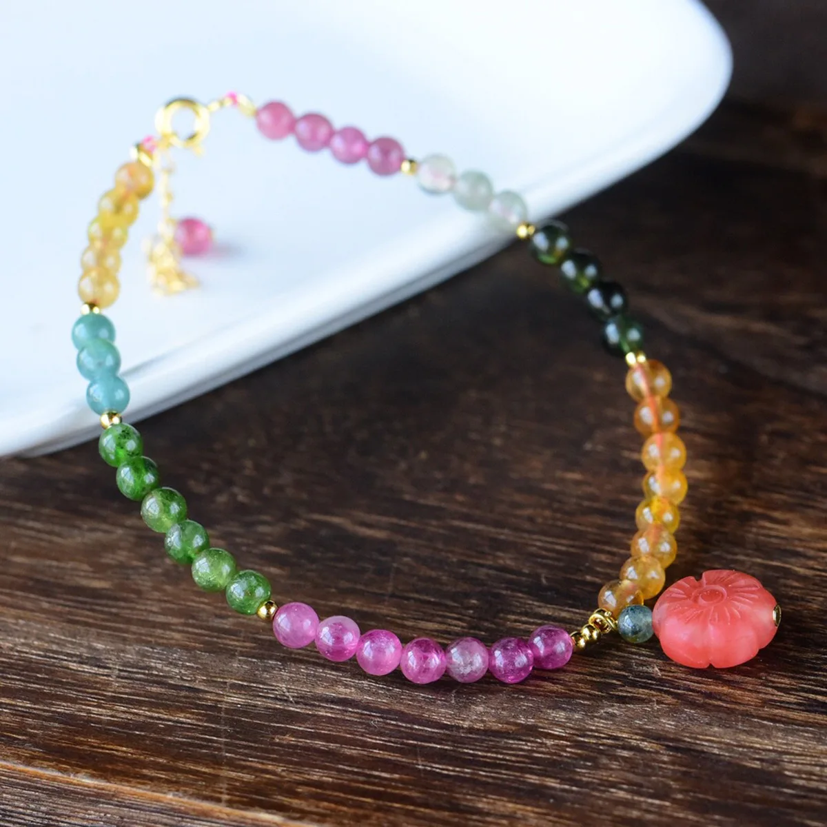 

Rainbow Tourmaline Single Ring Bracelet with South Red Agate Carved Flowers Bloom Rich Girls Fashion Bracelet