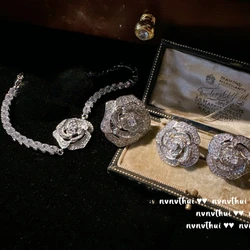 Elegant Luxury 925 Silver Color Camellia Jewelry Sets Dazzling Cubic Zirconia Stone Ring Earring Bracelet Women Anniversary Gift