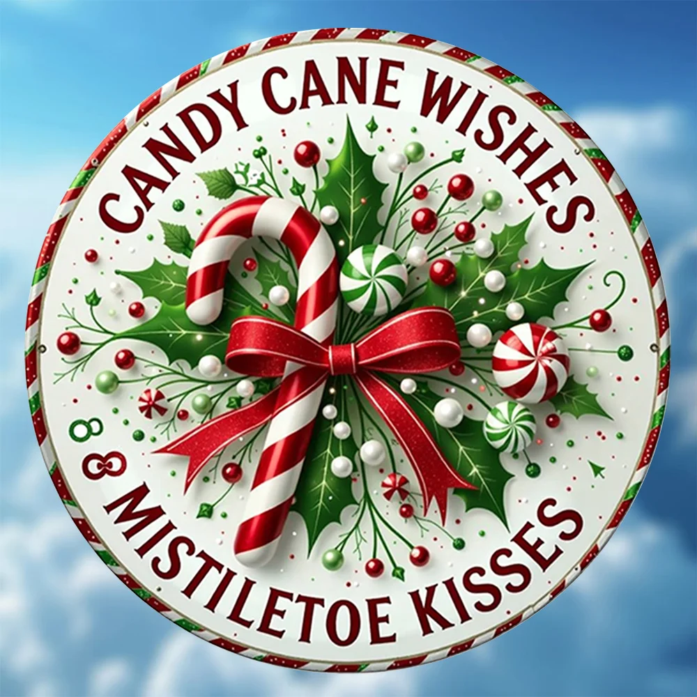 Room Decor 1pc Vintage Aluminum Sign, 8-Inch Round, Candy Cane & Mistletoe Design, Reusable Wall Art Decor for Home, Bars, Cafes