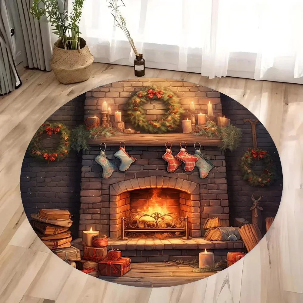 Christmas Living Room Decoration Christmas · Retro Fireplace Round Carpet Bedroom Carpet Home Floor Mat Washable Leisure Carpet