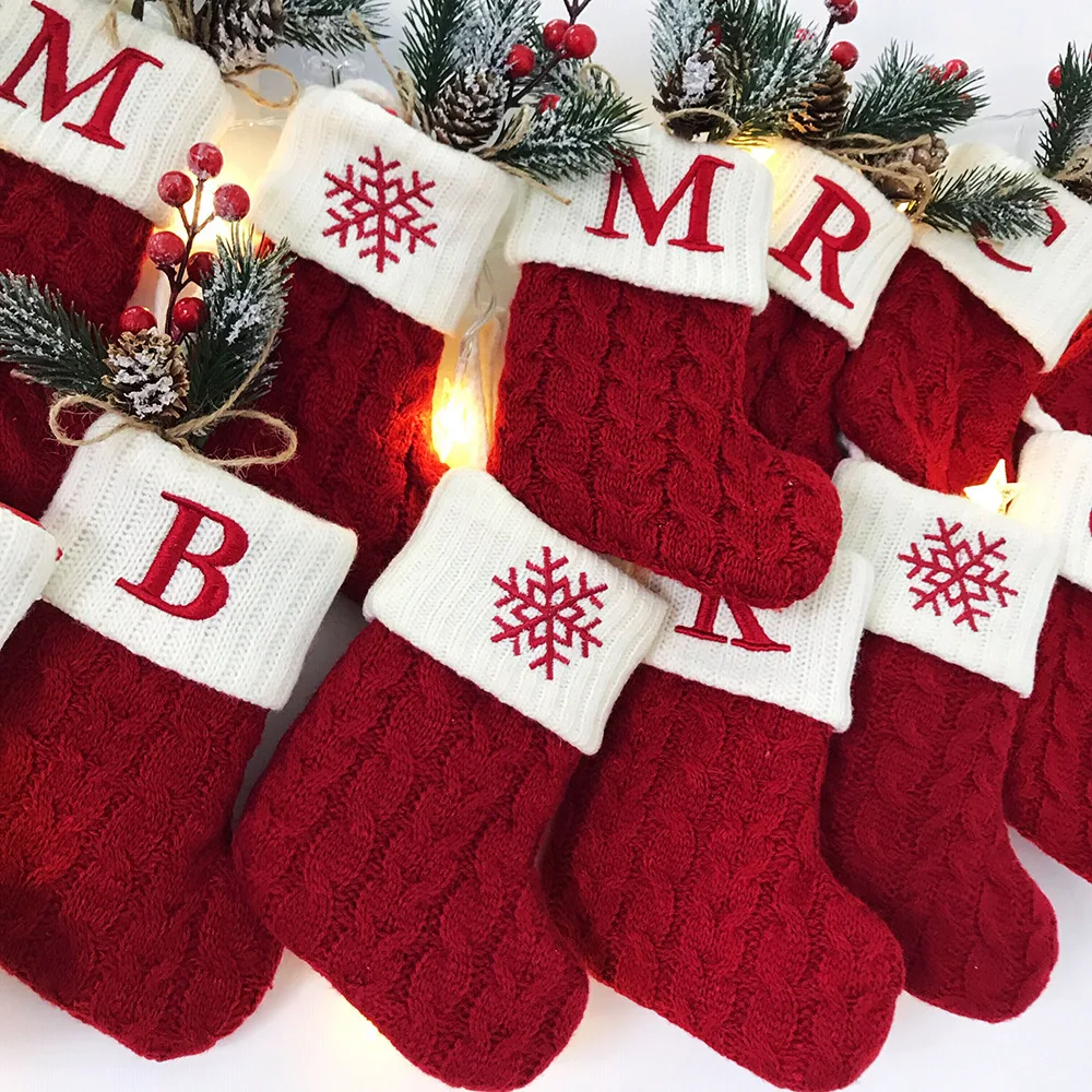 

Merry Christmas Socks Red Snowflake Alphabet Letters Christmas Stocking Christmas Tree Pendant Decorations for Home Xmas Gift