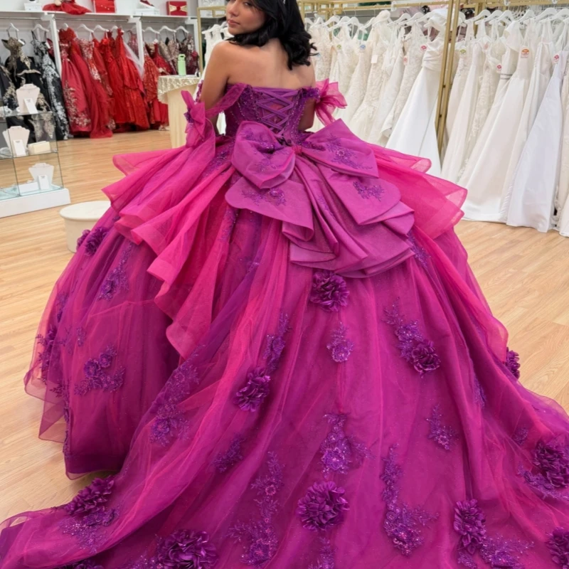 

Розово-красные блестящие платья для Quinceanera с открытыми плечами, аппликацией в виде цветов, бантом, бисером, кристаллами, тюлевым корсетом, для вечеринки, дня рождения, Sweet 16