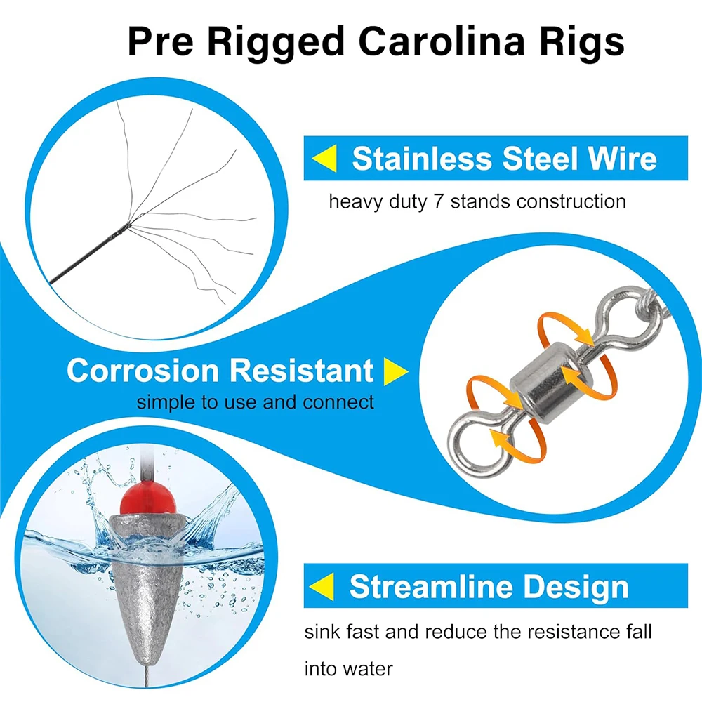 10 قطعة مجموعة أدوات كارولينا الجاهزة تتضمن 5 قطعة قادة الصيد الفولاذية مع ثقالة الرصاص يدور أدوات كارولينا و5 قطعة من طُعم الدودة #3