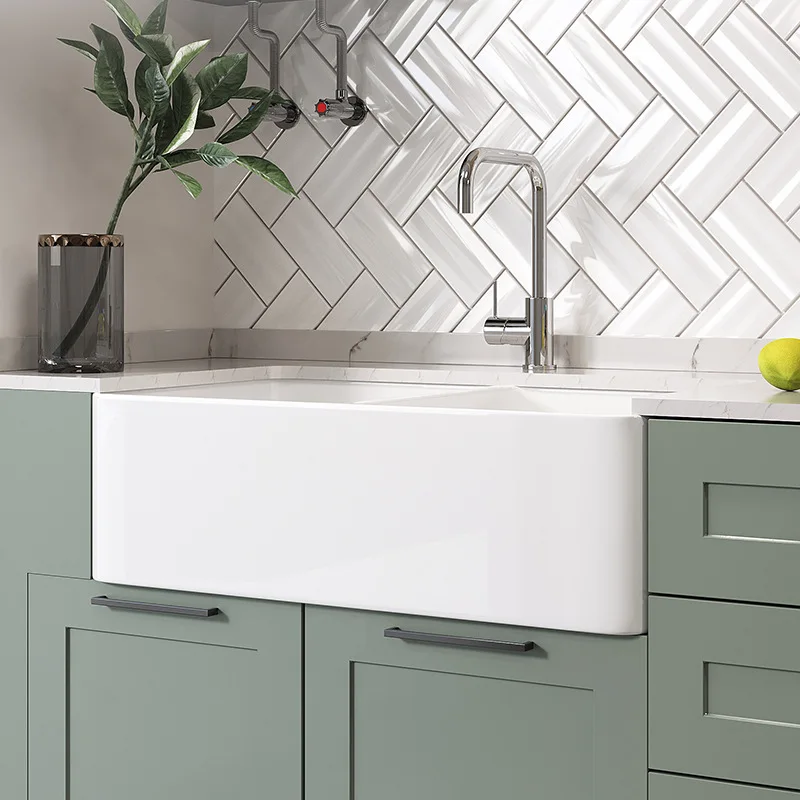 American kitchen double basin ceramic semi-embedded integrated sink vegetable large rectangular pool balcony