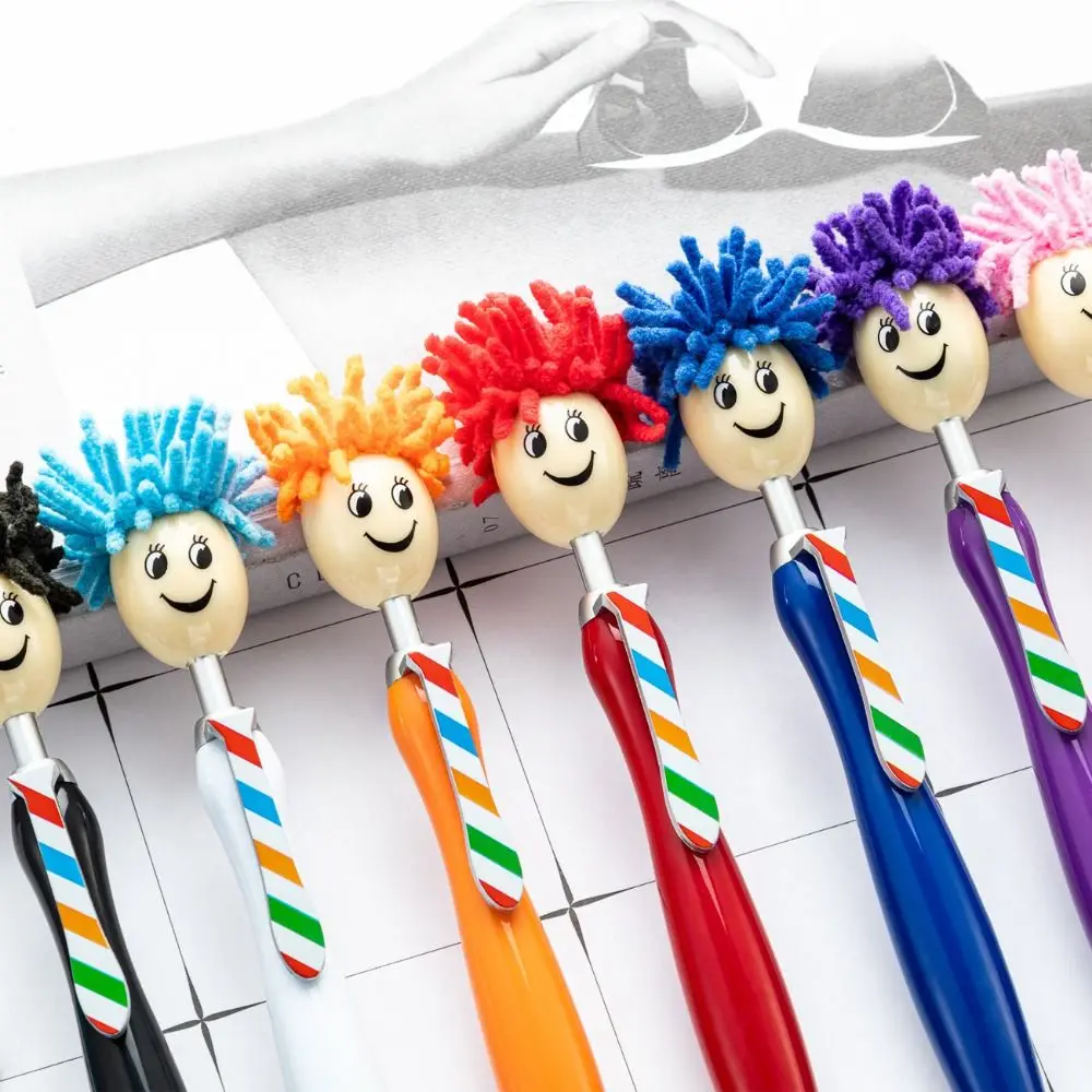 Plush Hair Mop Head Painting Ballpoint Pens Smiling Face Facial Expression Doll Shaped Ballpoint Pens Creative Colorful