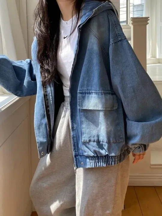 Retro Denim Jacket with Hood Barn Style Fashionable Chic Dongda Gate Cotton Zipper Closure Regular Fit Casual Unisex Coat