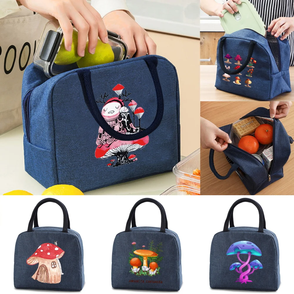 

Lunch Bag Women Work Thermal Lunch Dinner Box Picnic Pack Child Food Canvas Insulated Cooler Bag Mushroom Print Storage Handbags