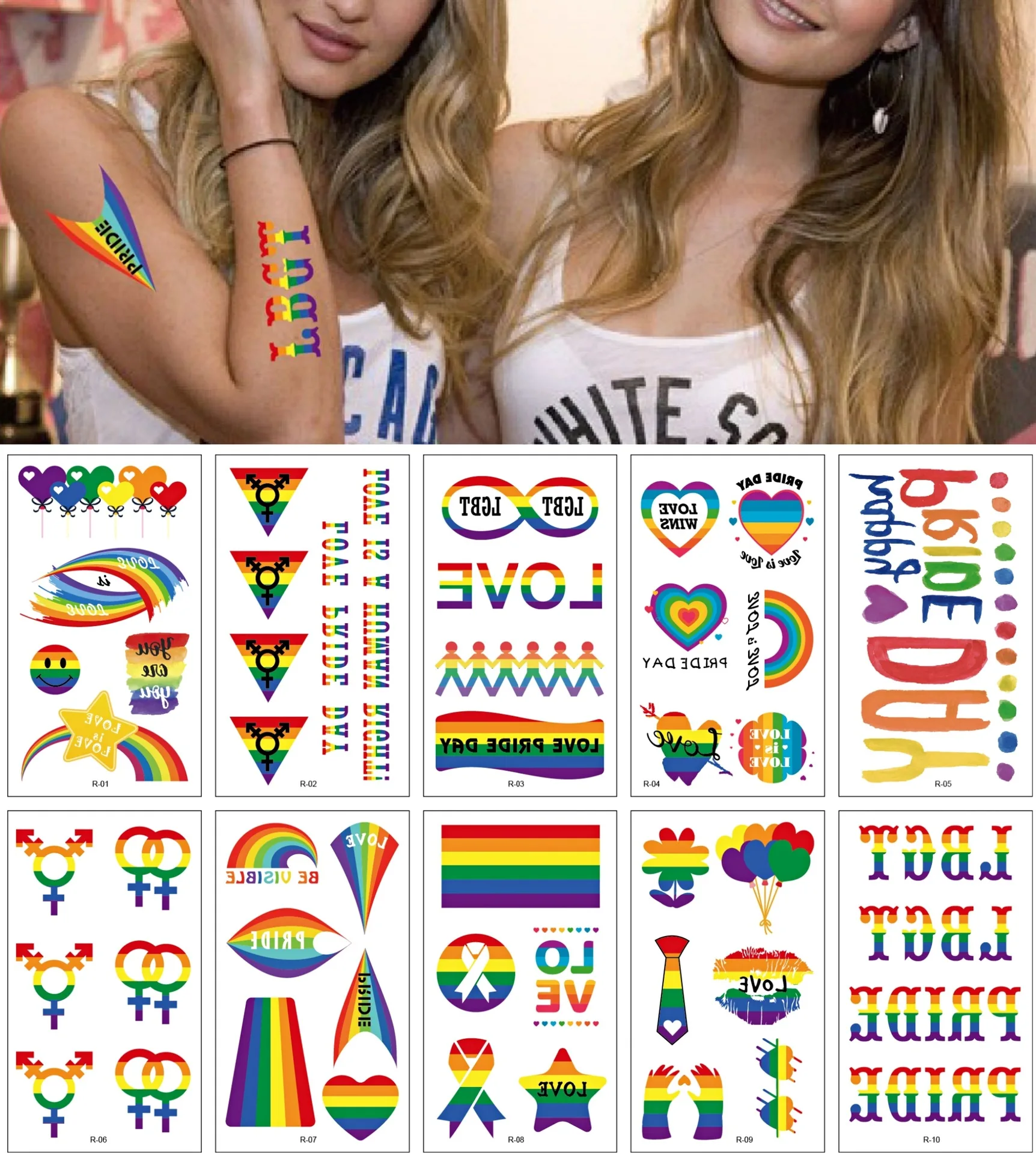 

50Pcs/Lot 6.9x12cm PrideDay Rainbow LOVE Tattoos Stickers Gradient Dazzle Colour Water-Proof Temporary Body Art HA1771