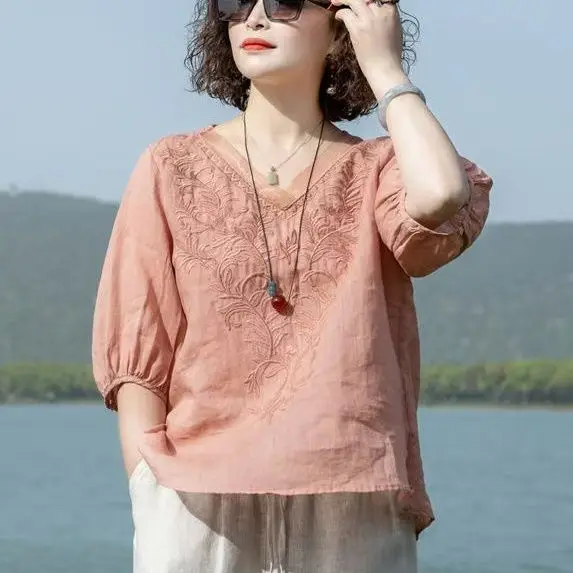 夏新着刺繍入りレディースルーズ五分袖シャツ多用途軽量スタイル