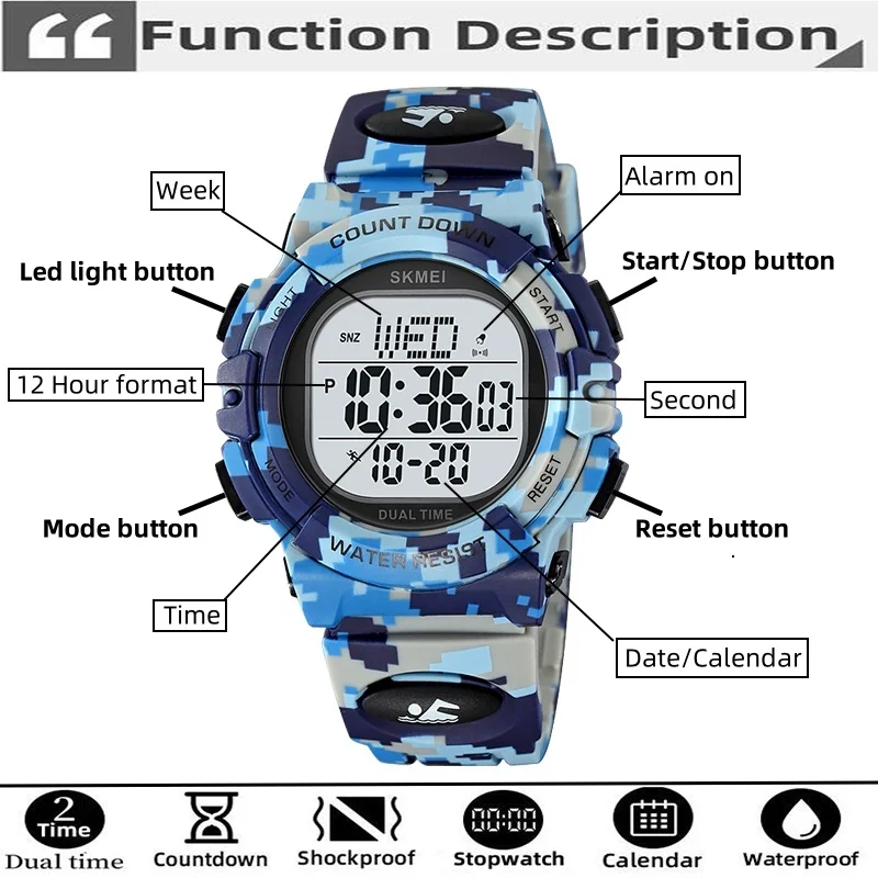 Skmei Student Gift Digital Watches Fashion TPU Strap 50M Waterproof Swimming Sports Wristwatch LED Light Chronograph Dual Time