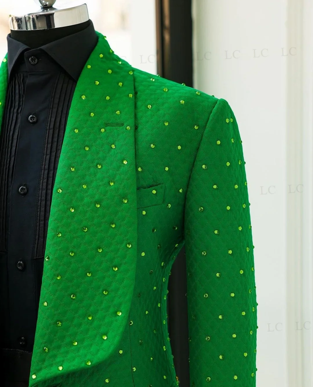 2 Pieces Beadings Diamonds Green Men Suits Wide Lapel Tuxedo Slim Wedding Groom Prom Formal Work Wear Plus Size Costume Homme