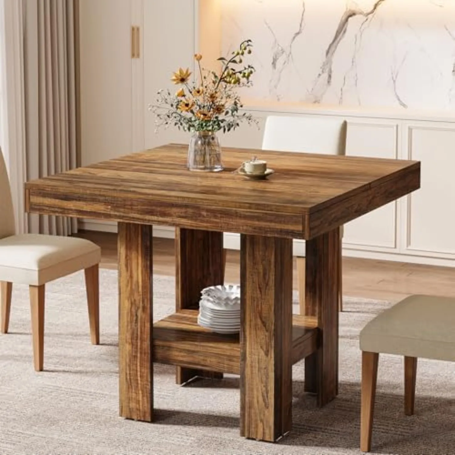 31.5" Square Dining Table for 4, Small Kitchen Table with Shelf Storage, Compact Dining Room Furniture for Apartments
