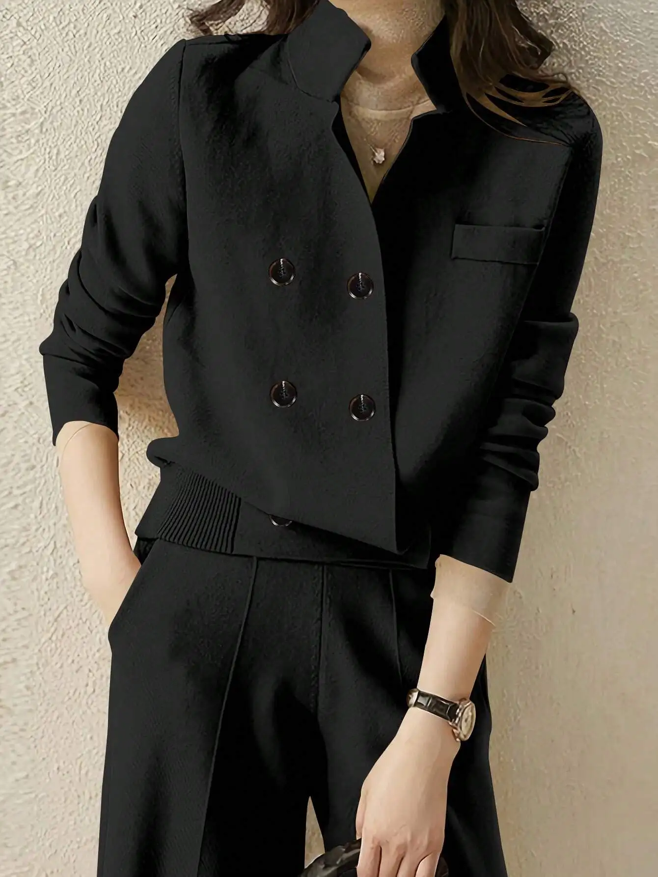 

Black Double-Breasted Knit Jacket with Notched Collar and Button Detail