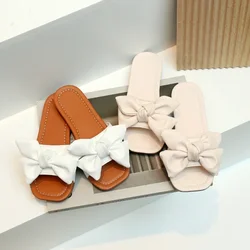 Summer Girl's Slippers Bowknot Beach White Beige Comfy Children Sliders Light Slip-on Trendy Leisure Holiday Kids Sandals 27-36