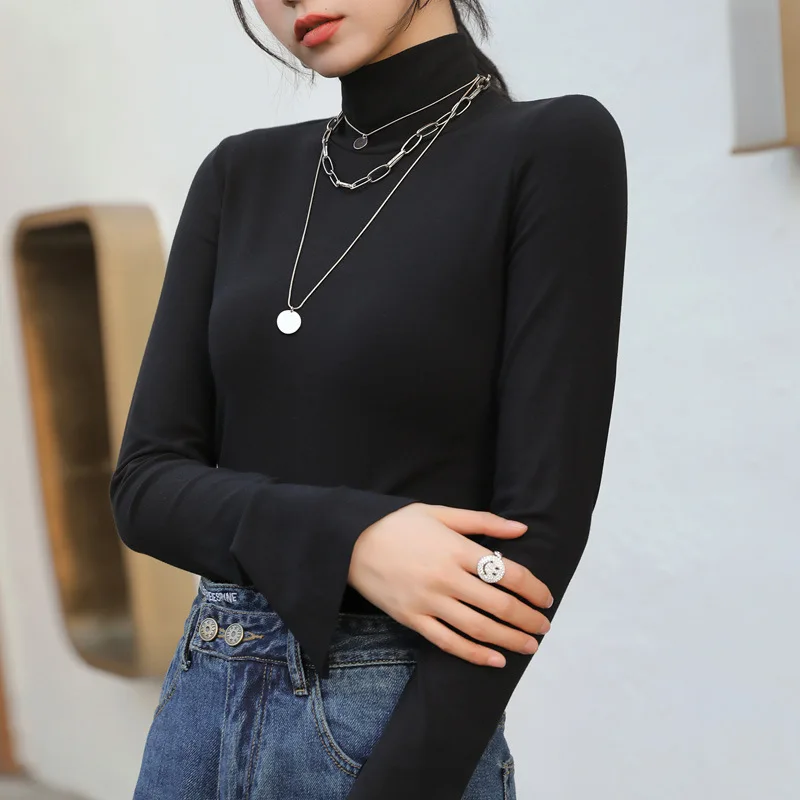 

TFETTERS Brand 2024 Winter Clothes Women Korean Fashion Solid Color Thick Modal T Shirt Split Cuff Long Sleeve Bottom Tops Women