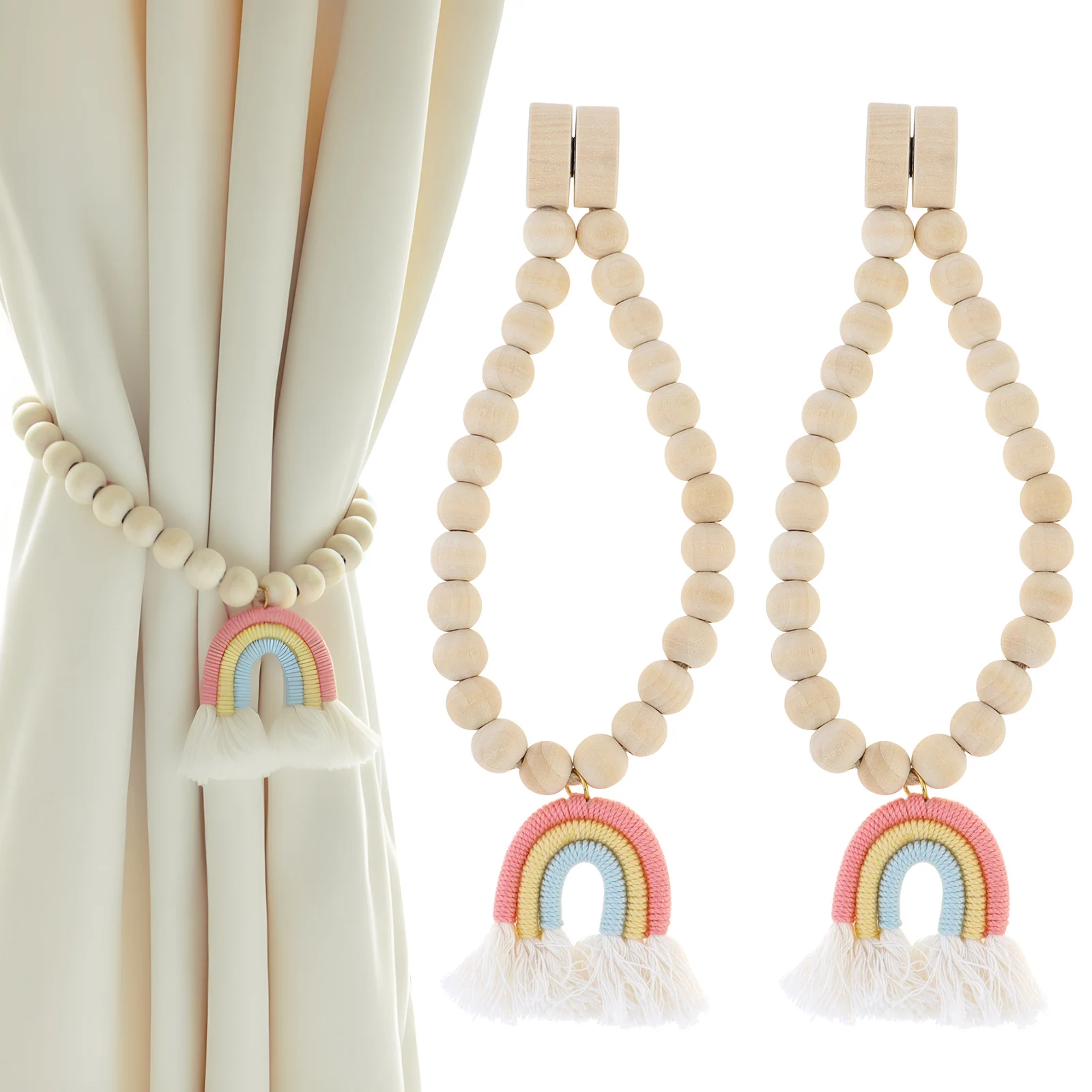 

2pcs Minimalist Magnetic Wooden Bead Curtain Tiebacks for Bedroom Living Room Patio Pendant Home Office Wall Decor Accessories