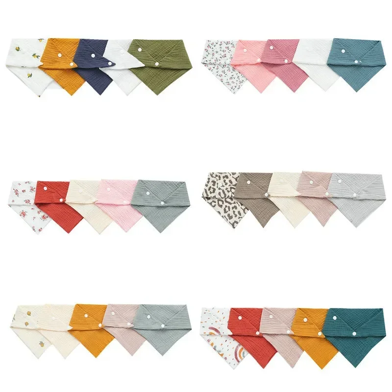 5pcs/Set Muslin Baby Bibs Cotton Feeding Drool Bib Snap Button Soft Triangle Towel Cotton Baby Burp Cloths Babies Accessories