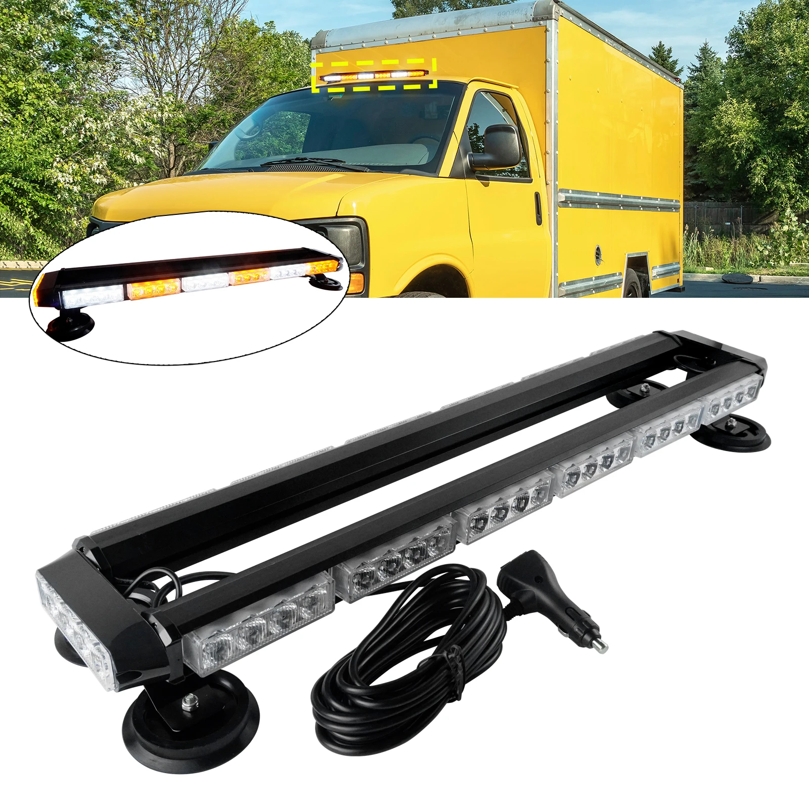 56 LED Amber & White Warning Strobe Flashing Light Beacon Hazard Recovery Magnetic Base Lightbar 736mm