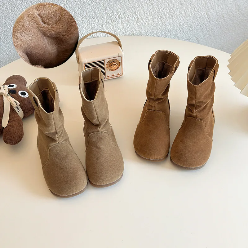 Girls Boots 2025 Winter New Children's Shoes Girls Two Cotton Velvet Medium Leather Boots Foreign Gas Warm