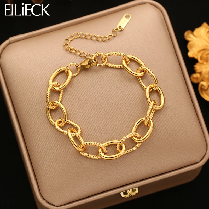EILIECK 316L Edelstahl Metall Goldfarben Kettenarmreif für Frauen, trendiges wasserdichtes Handketten-Schmuckgeschenk