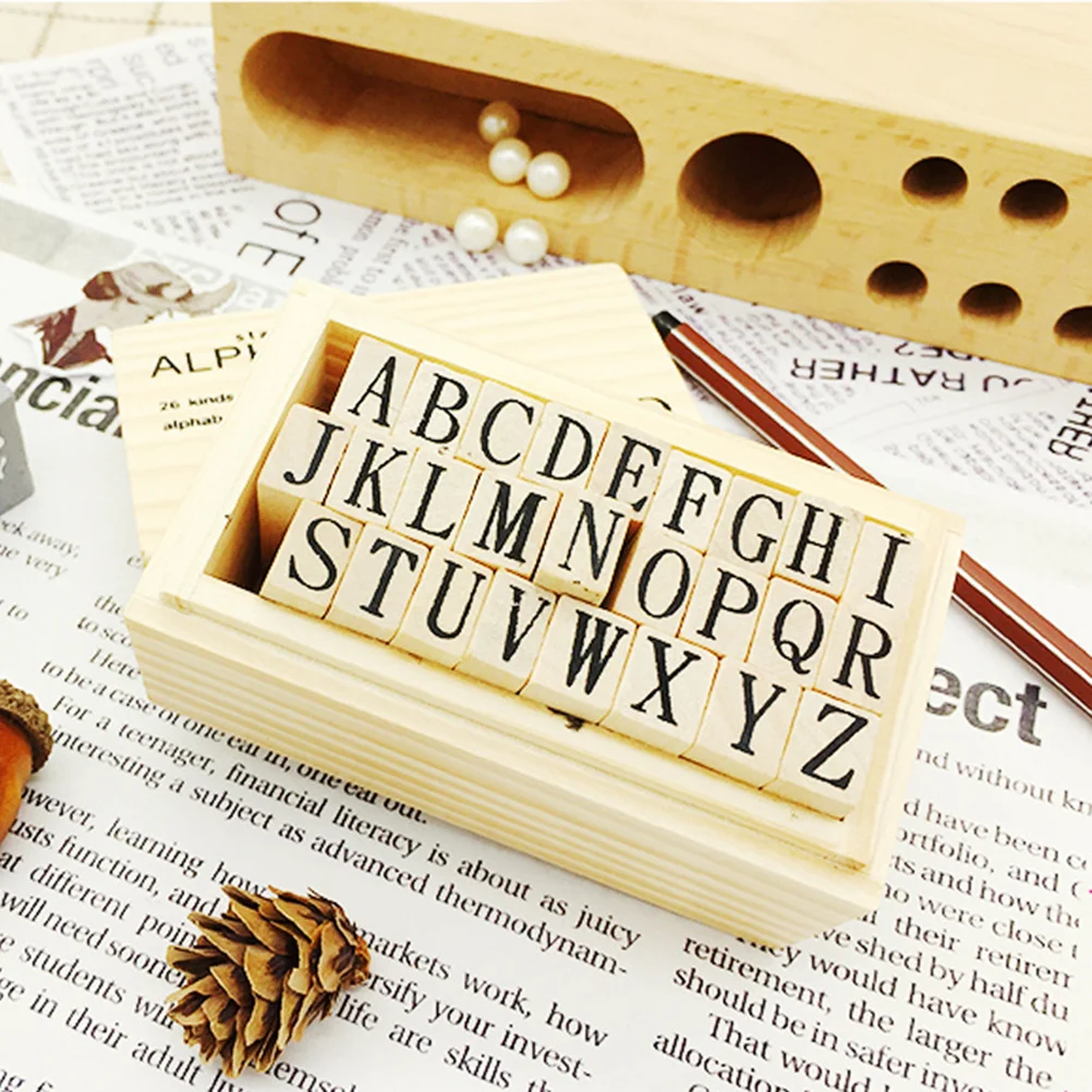 Alphabet Stamps Wooden Mounted Rubber Abc Hand Account Diary Cards Craft Bamboo Student