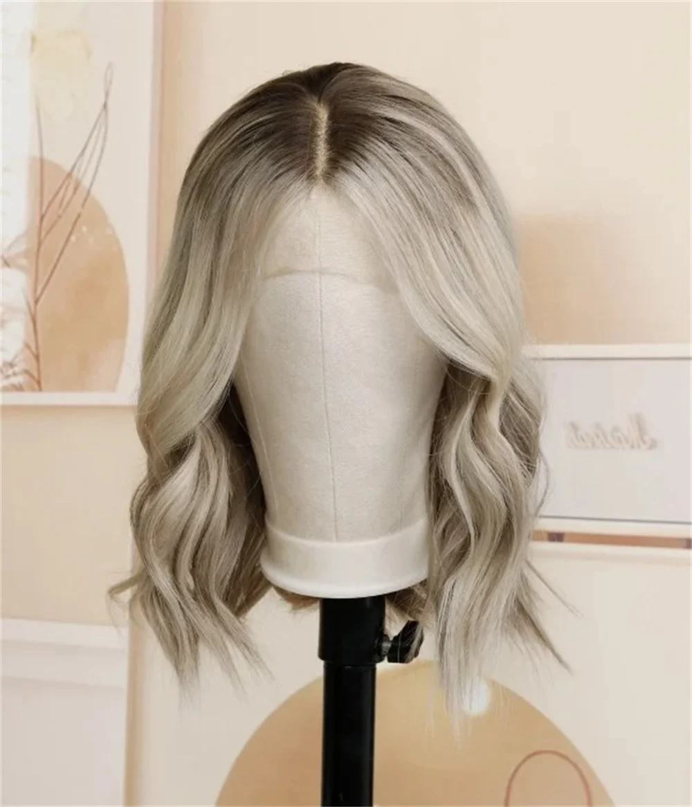 Balayage Ash Blonde Short Wig Highlights Heat Resistant Synthetic Fiber Realistic Look Rooted Lace Front Wig Free Part Wavy Hair