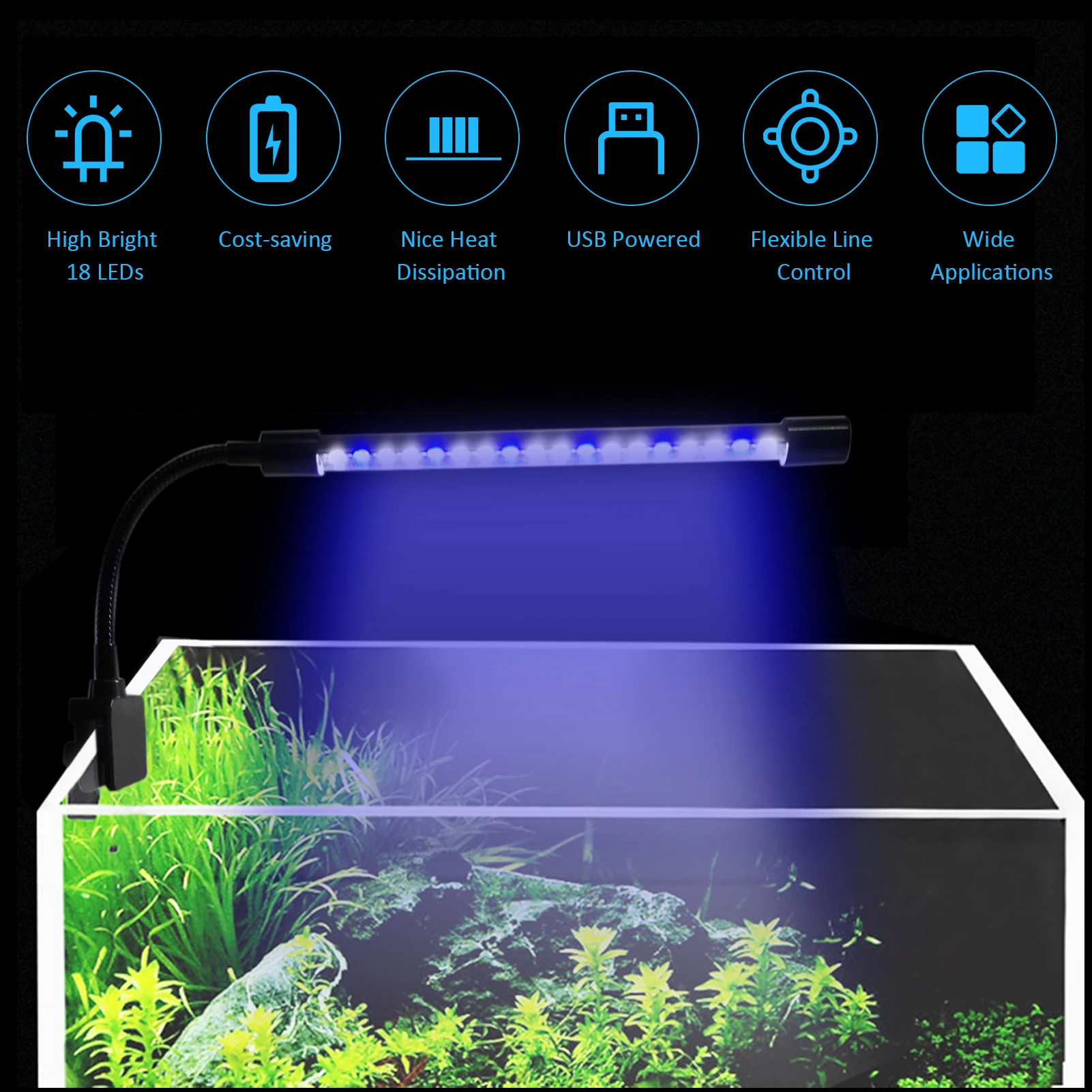 7W 18 LED Aquarium Light Fish Jar Clamp Clip View Lamp USB 3 Lighting Colors Changeable 10 Levels Adjustable Brightness Dimmable