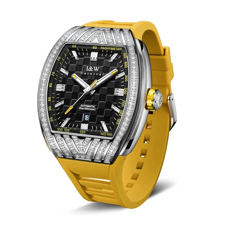 Orologio automatico da uomo I & W orologio da polso meccanico Tonneau di lusso 50m lunetta in zircone luminoso impermeabile