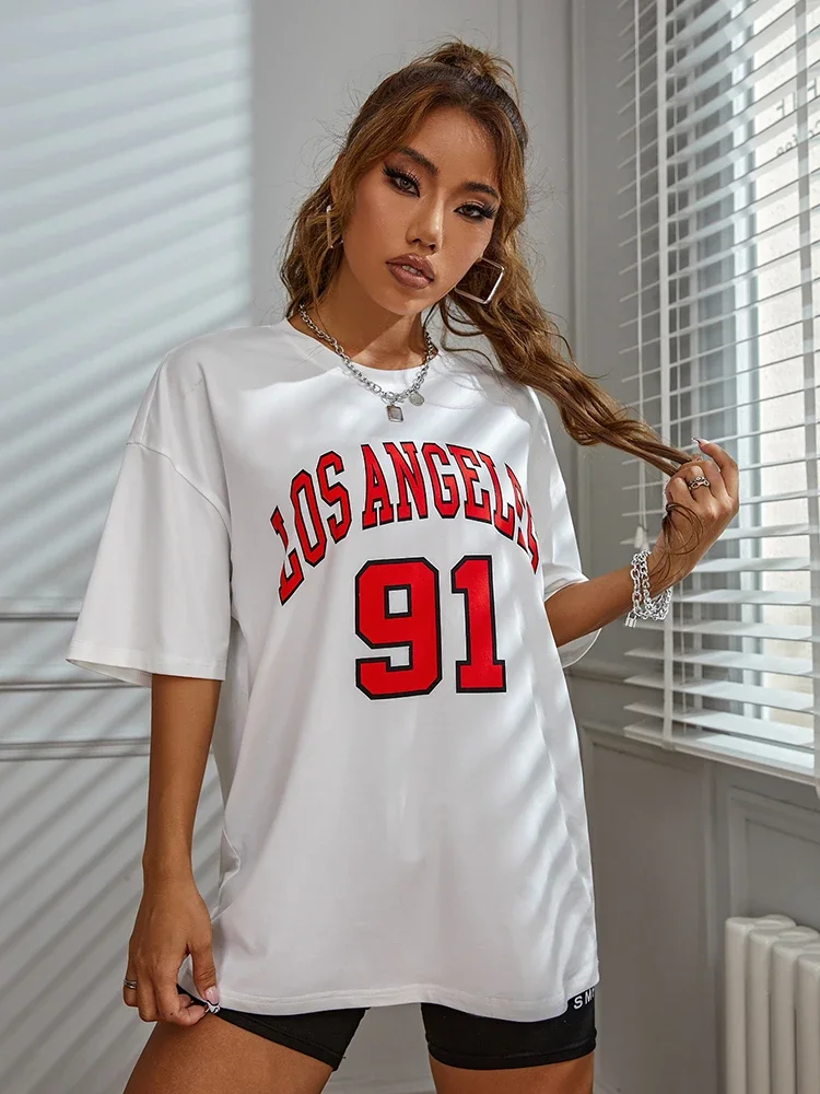 Camisetas estampadas de calle de Los Angeles 91 para mujer, camiseta de marca de manga corta transpirable informal, Top holgado de gran tamaño, ropa