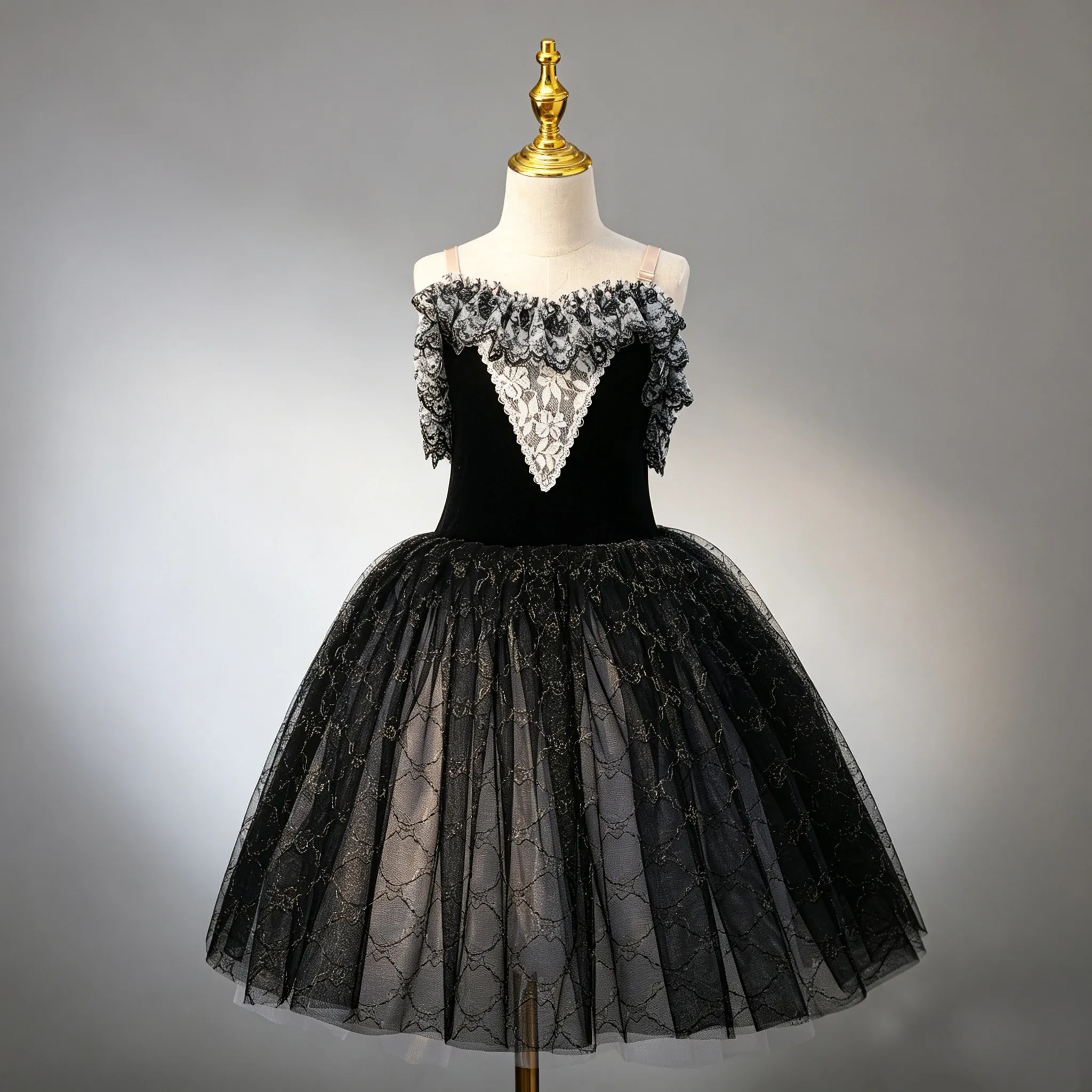 Vestido de tutú de encaje negro para niñas, disfraz de bailarina romántica para niños, vestido de fiesta de baile para niños, top de terciopelo hasta la rodilla