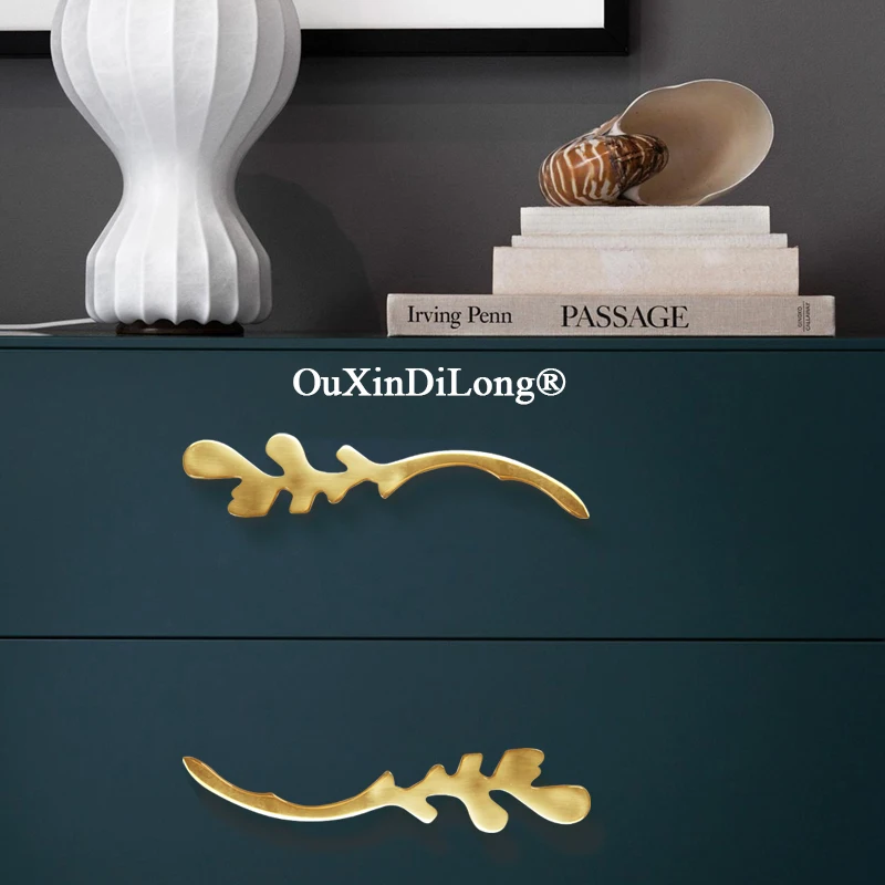 Luxury 4PCS Pure Brass Gold Seaweed Furniture Handles Drawer Pulls Cupboard Wardrobe Kitchen Shoe TV Wine Cabinet Pulls Knobs