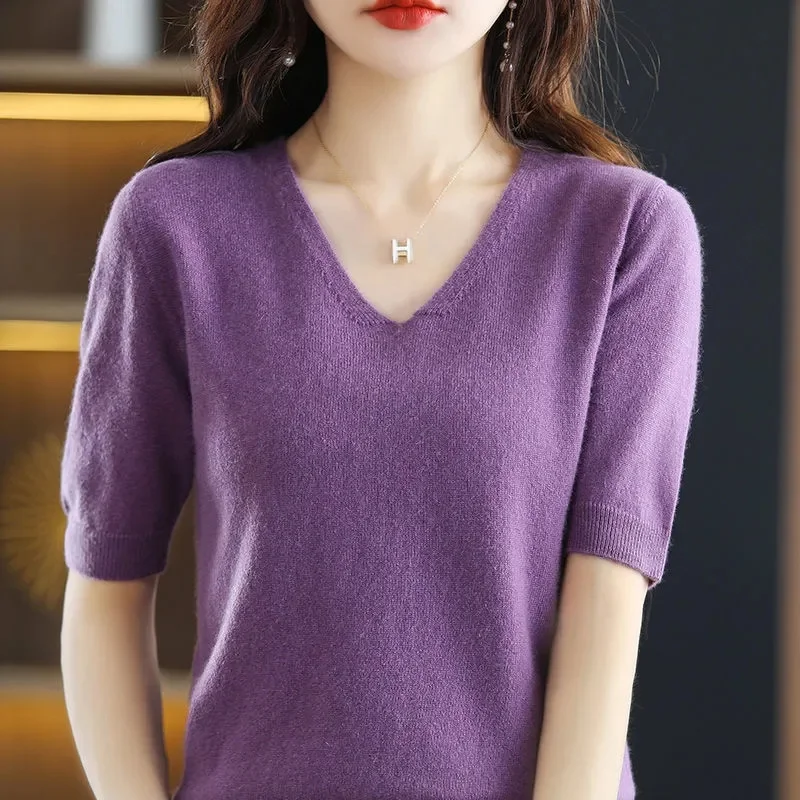 

Women Sweaters Short Sleeves V-neck Bottoming Shirt Knitwear Camel Green Pink Pullovers Spring Summer Korean Jumpers