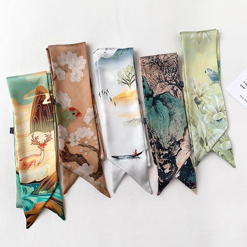 Summer New Van Gogh Oil Painting Female Decoration Twill Long Ribbon Binding Bag Silk Ribbon Hair Belt Hot Selling Small Scarf