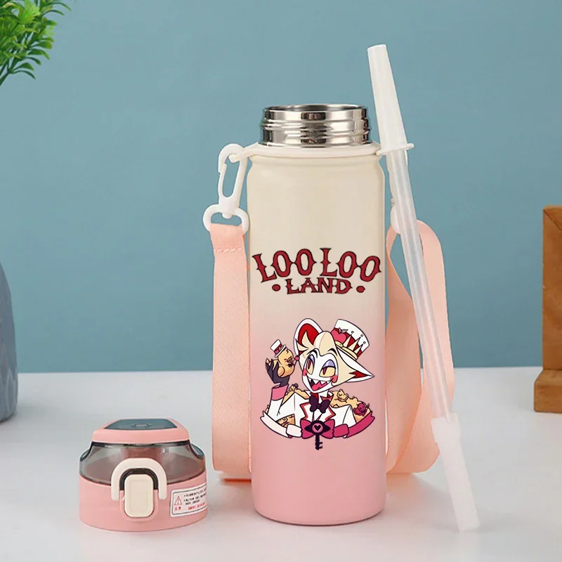 600ML Hazbin Hotel Cartoon Stainless Steel Insulated Cup Portable Drinking Water Bottle Outdoor Sports Leak Proof Water Bottle