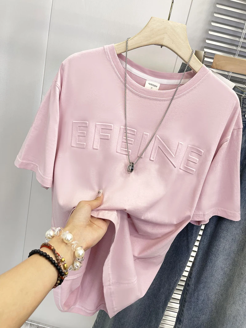 

Heavyweight Extra Large 300 Pou American Retro Steel Stamp Summer Letter ort Sve T-irt Loose Design Casual Top