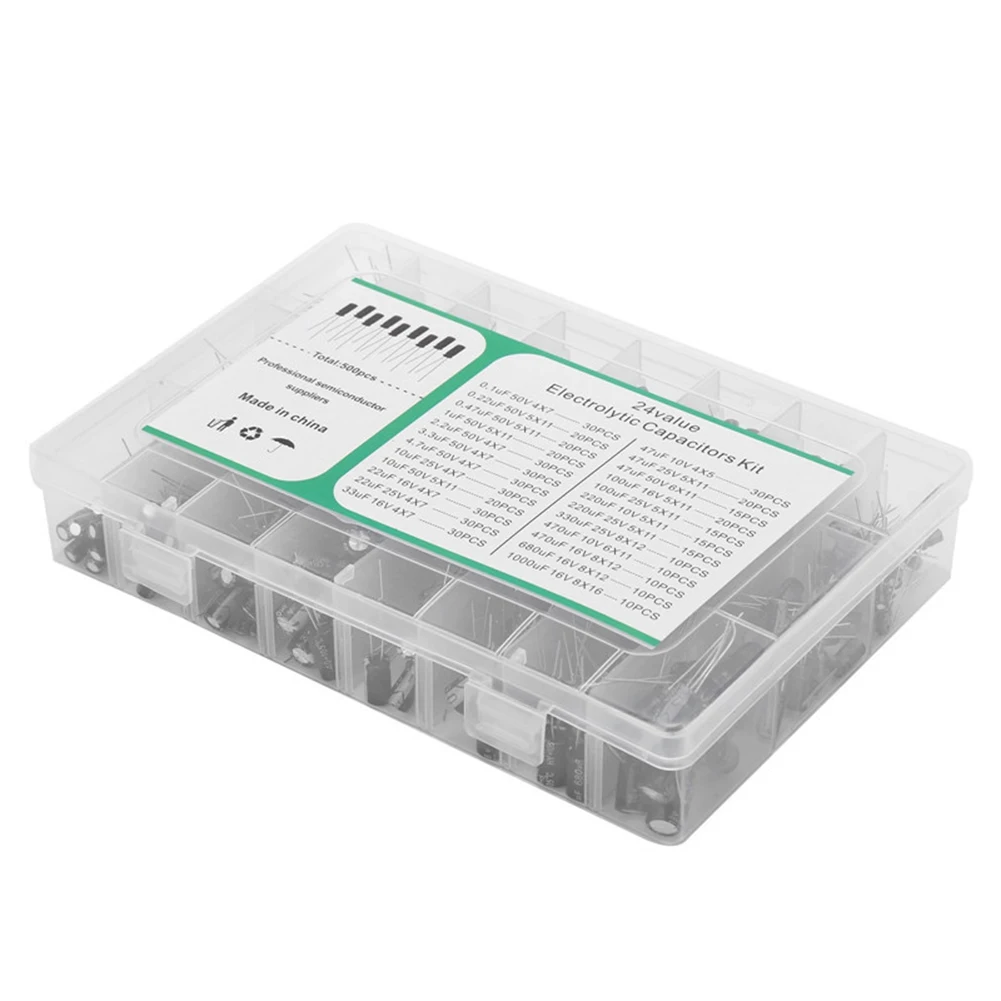

500Pcs 24Values 16-50V 0.1-1000uF Electrolytic Capacitor Assortment Kit Metal Electrolytic Capacitors Low Voltage Capacitor Kit