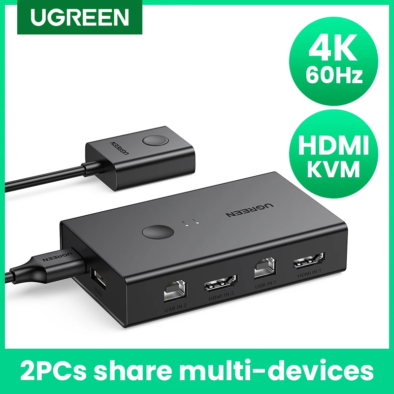 Przełącznik KVM UGREEN HDMI 4K @ 60Hz przełącznik USB 2.0 2 w 1 wyjście do monitora drukarki klawiatura mysz 2szt udostępnianie 1 urządzenie Splitter