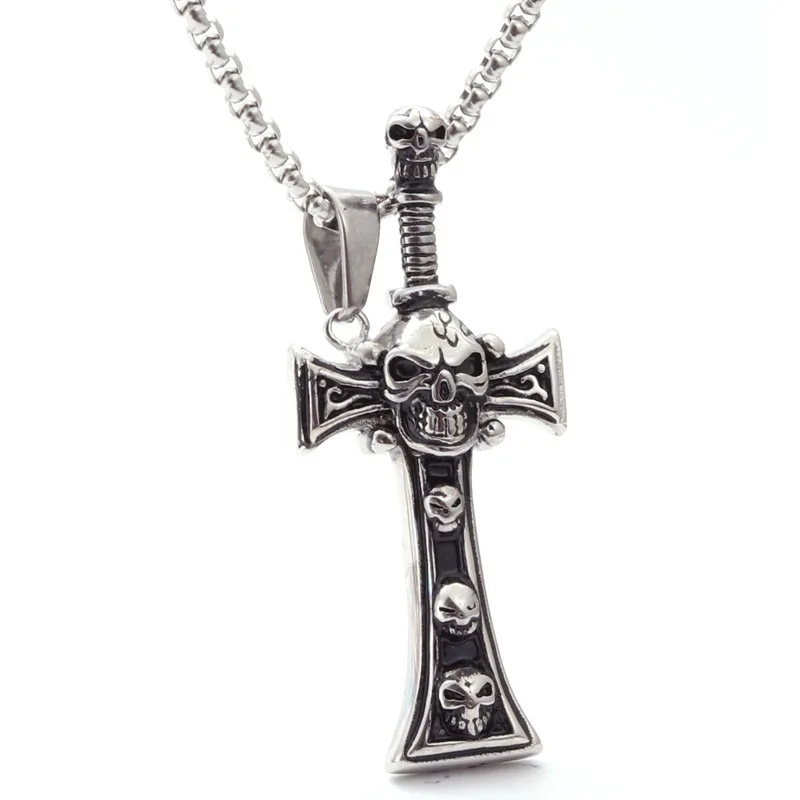 Retro Domineering Gothic Skull Cross Sword Pendant Necklace Men's Punk Trendy Charm Jewelry