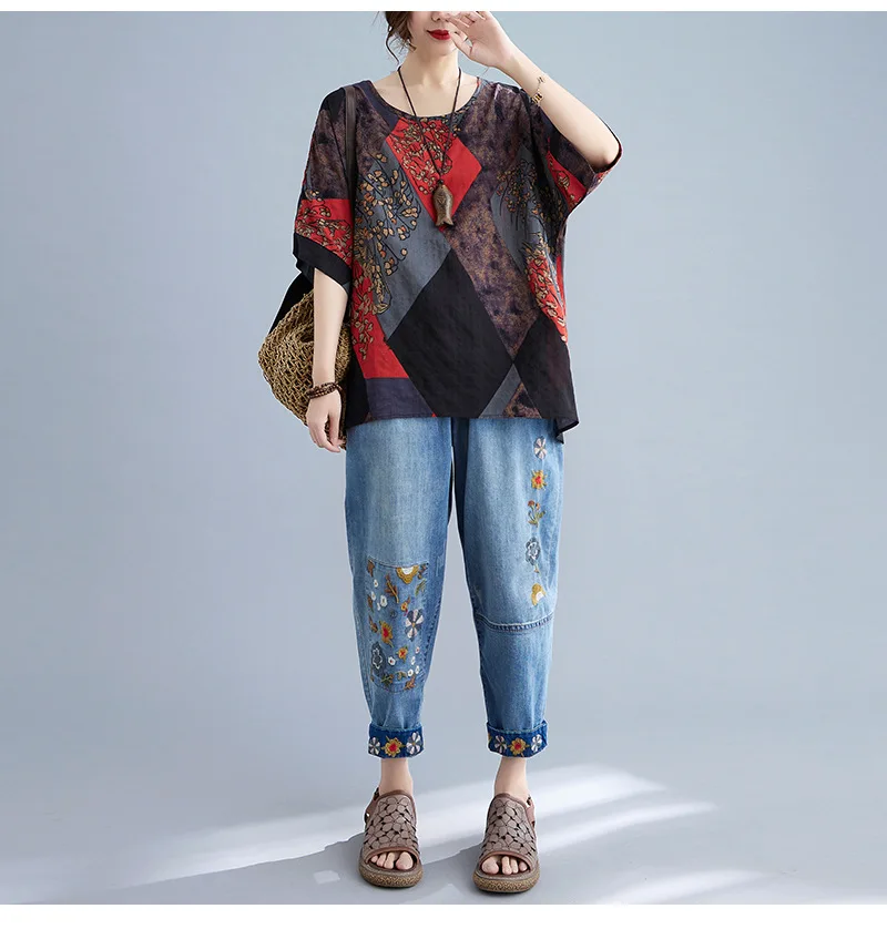 Cotton and Linen Large Size Lady Middle Age Summer Affordable Vintage Round Neck Casual Printing Loose Comfortable All-match Top