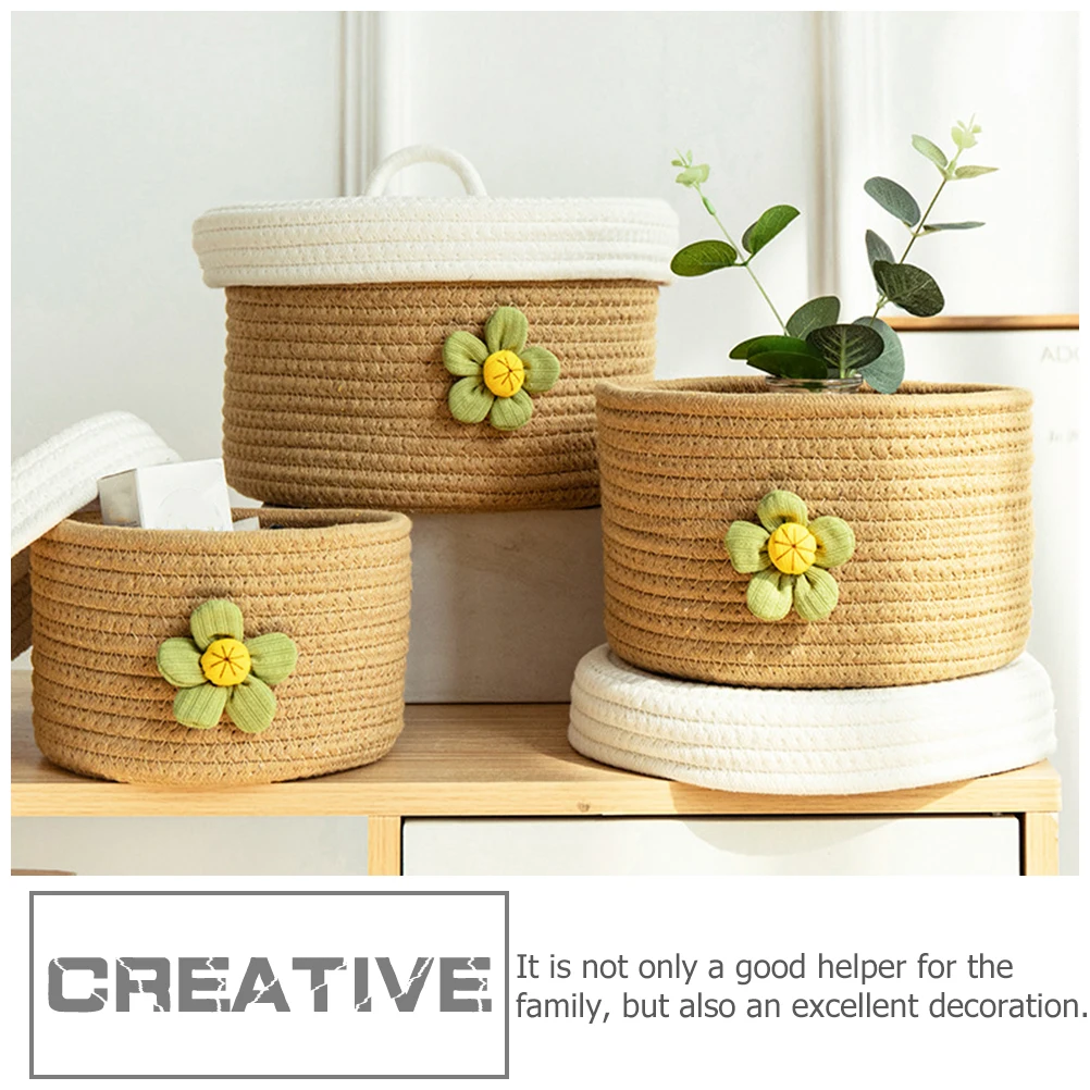 

Storage Box with Lid Covered Macrame Small Basket Round Decorative Fabric Bin Decorate Baby