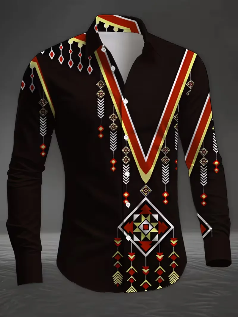 New men's fashionable long sleeved 3D lotus print button up shirt with floral and geometric casual elegance