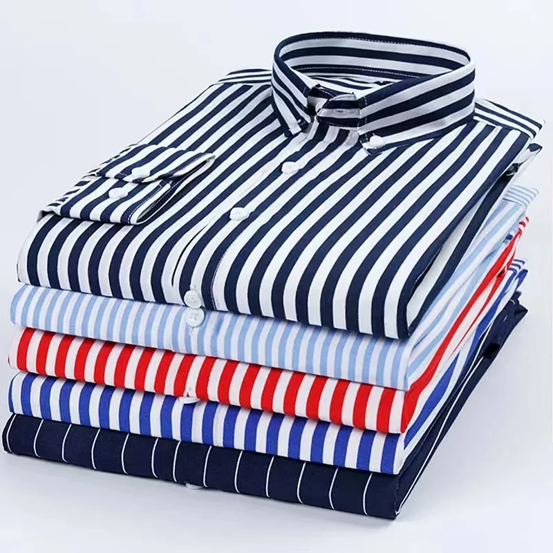 Korean Style Men\'s Shirt Red and White Stripes Non-iron Casual Shirts Male Long Sleeve Slim Fit Formal Business Dress Shirts