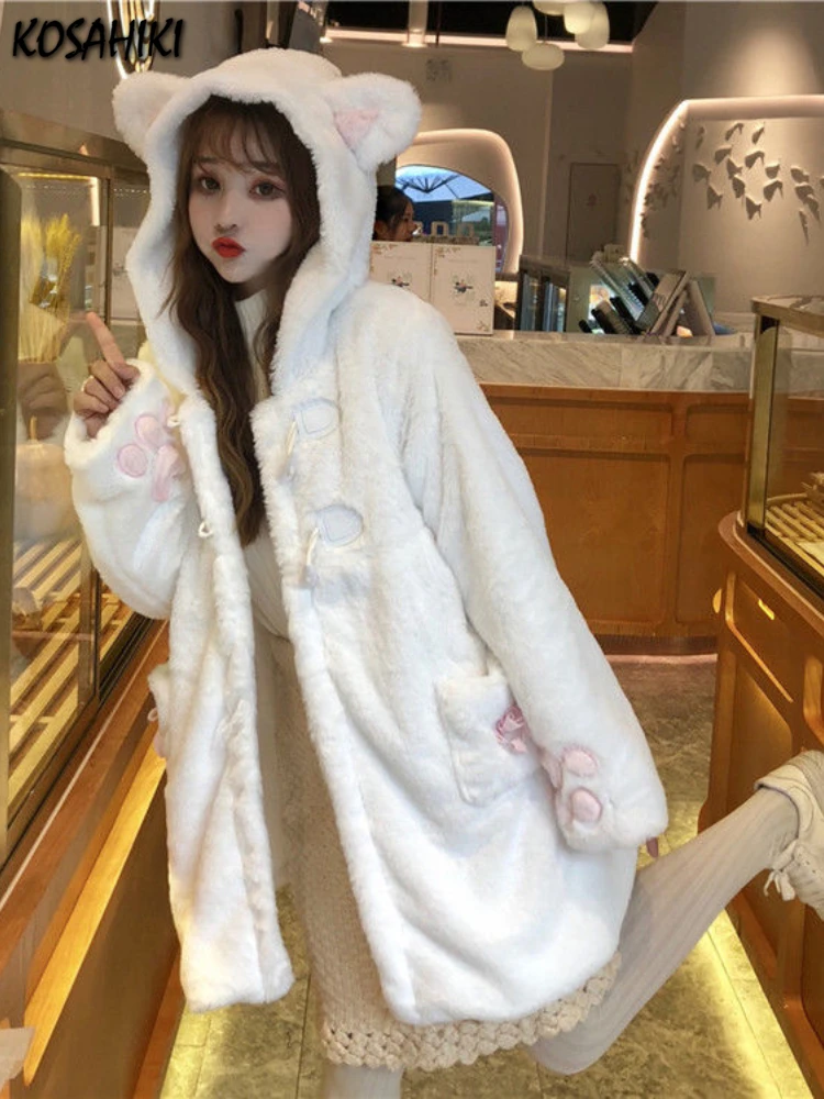 KOSAHIKI Jacket Women Lolita Fleece-lined Girl Soft Kawaii Cat Ear Hat Cute White Coat Japanese Harajuku Preppy Faux Fur Jackets