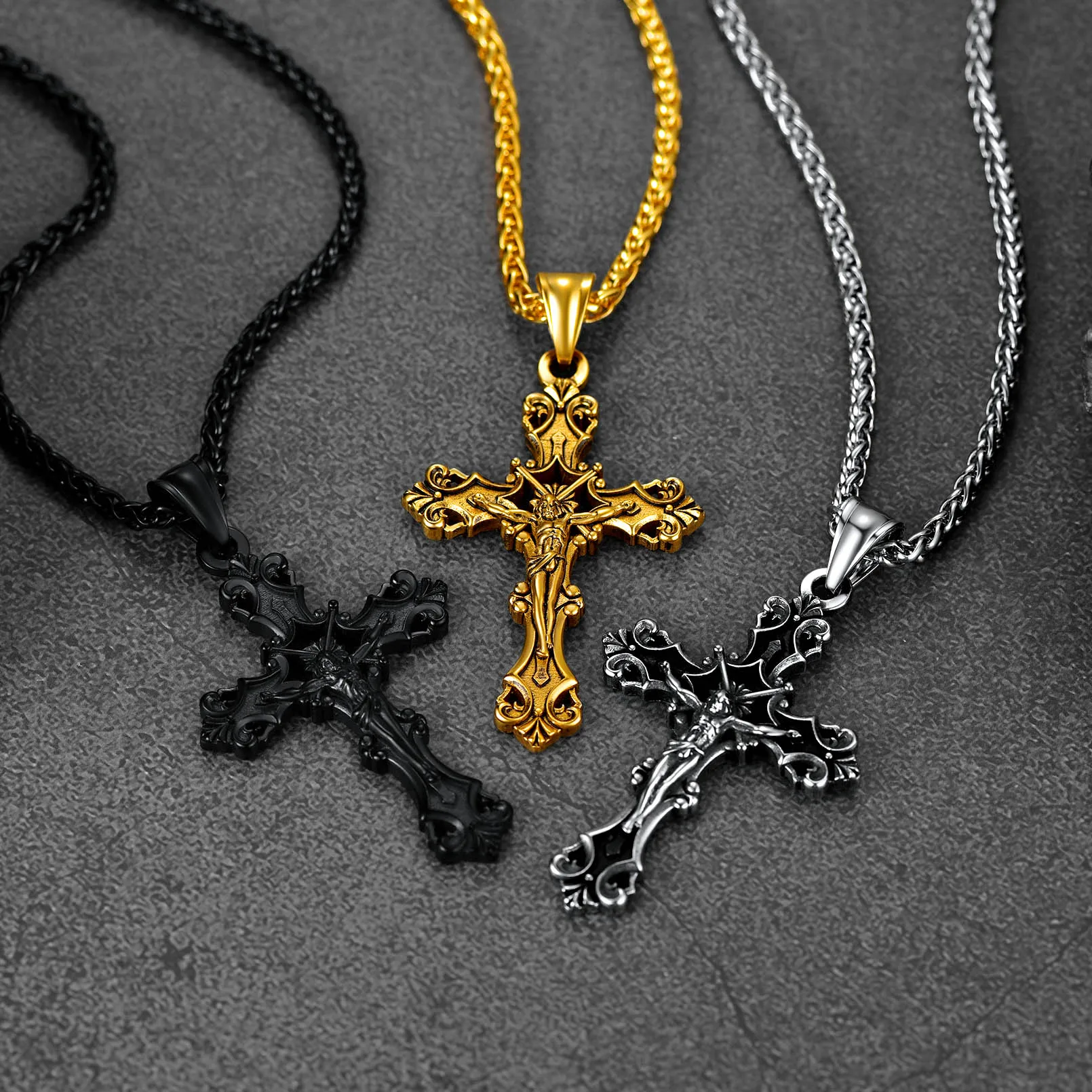U7 Stainless Steel Cross Necklaces Jesus Prayer Hand Wings Bible Engraved Tag CZ Cross Charm Religious Unisex Jewelry Clearance